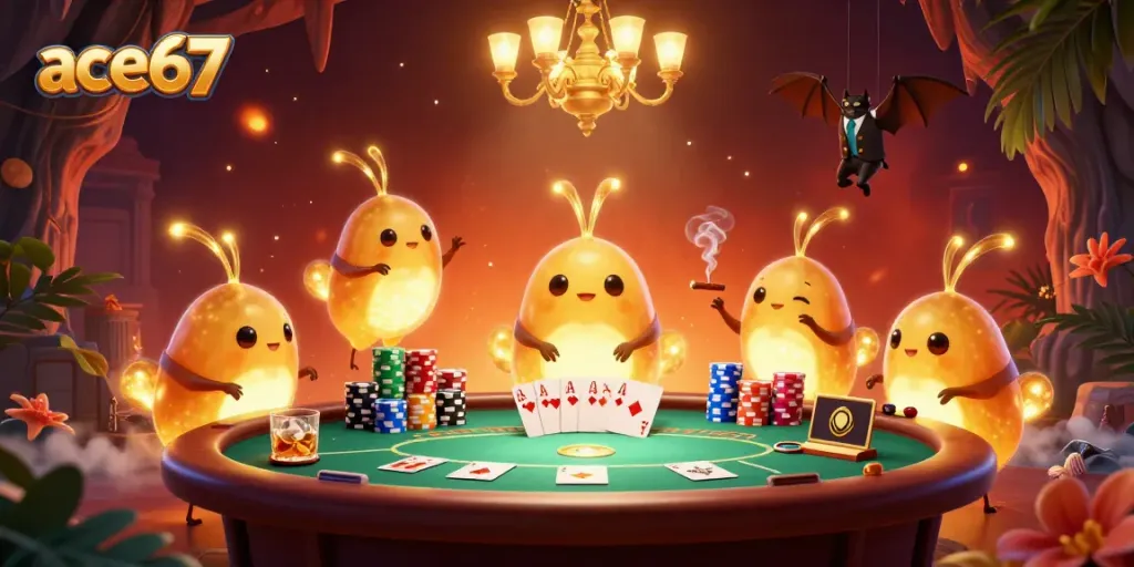 Experience the vibrant energy of an ace67 casino with glowworms illuminating the scene and poker excitement.