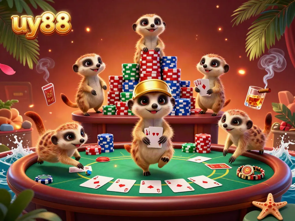Meerkats managing a vibrant casino scene, highlighting uy88 in a playful gambling atmosphere.