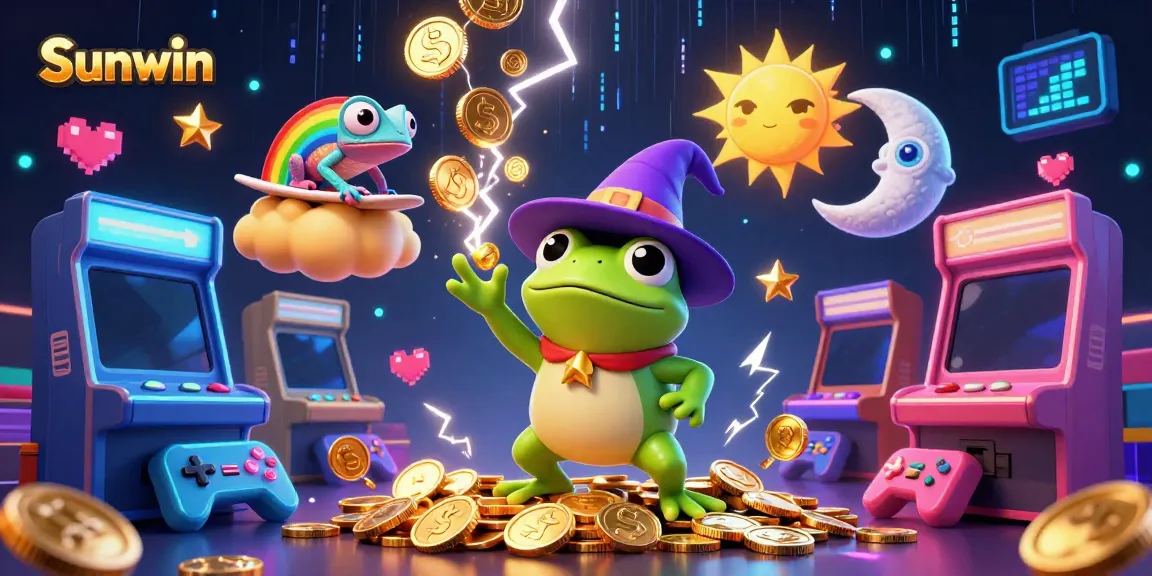 Experience the excitement of Sunwin with golden coins and dynamic casino elements illustrated in a vibrant scene.