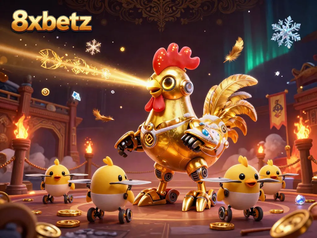 Experience excitement with 8xbetz in a dazzling casino-themed 3D scene featuring a golden rooster and dynamic game elements.
