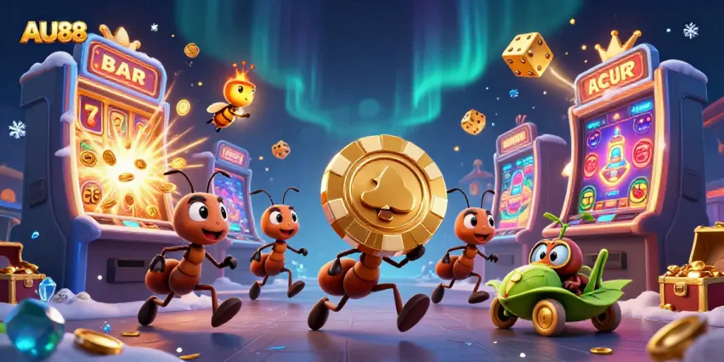 Experience the excitement of AU88 as animated ants attempt a heist with a giant poker chip amidst a casino explosion.