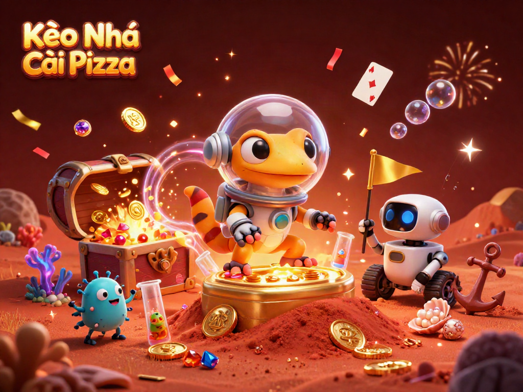 Kèo Nhà Cái Pizza showcases a playful Martian gecko and robotic rover celebrating in a cosmic casino.