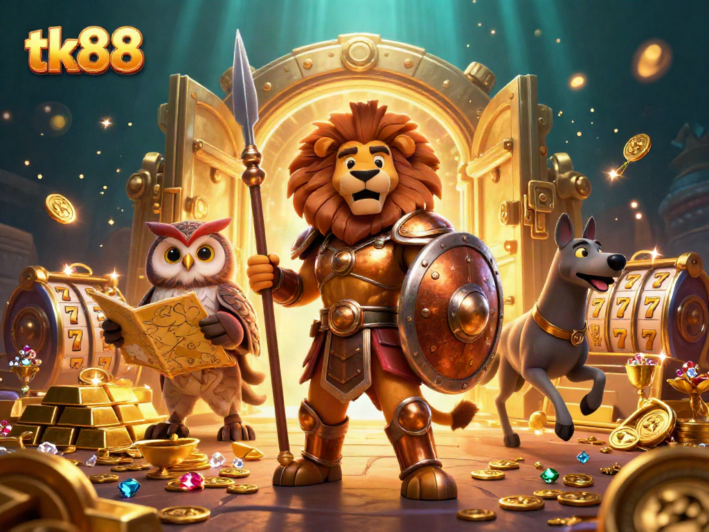 Experience thrilling tk88 casino action with lion, owl, and greyhound in a vibrant, dynamic scene.