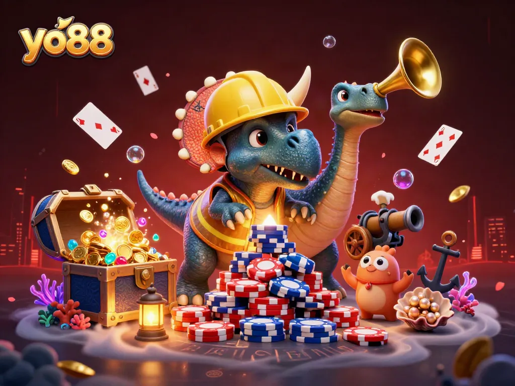 yo88 celebrates wins with a 3D cartoon triceratops and friends amid glittering treasure and casino motifs