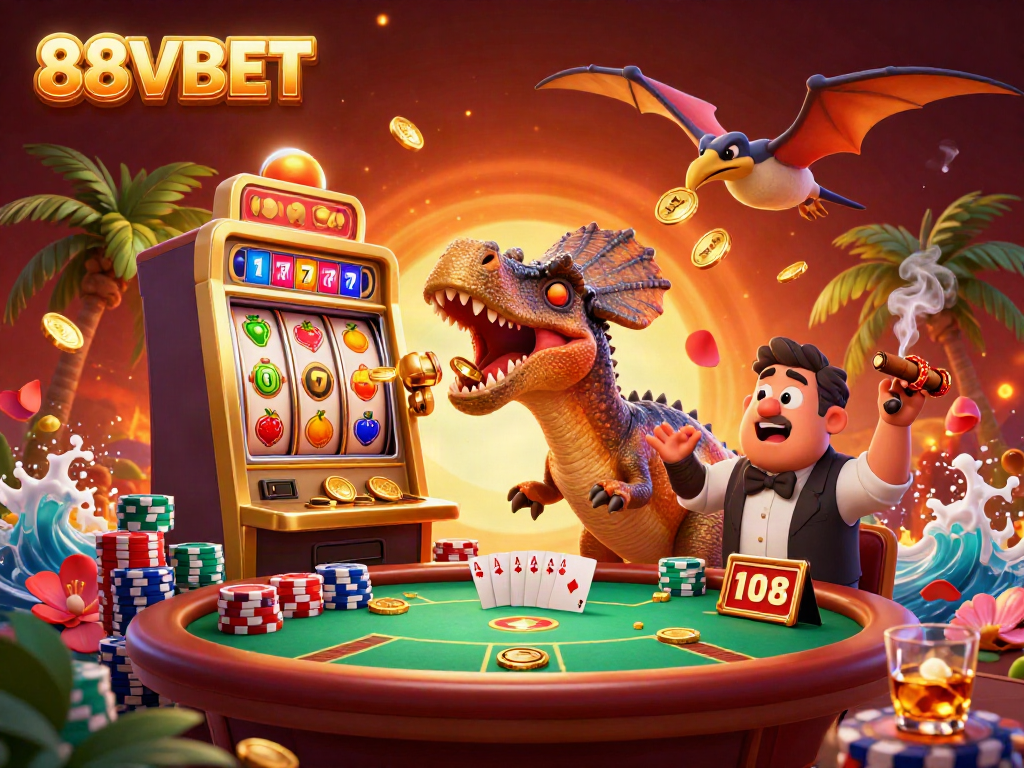 Experience thrilling 88VBET action with dinosaurs and slots in this vibrant casino scene.