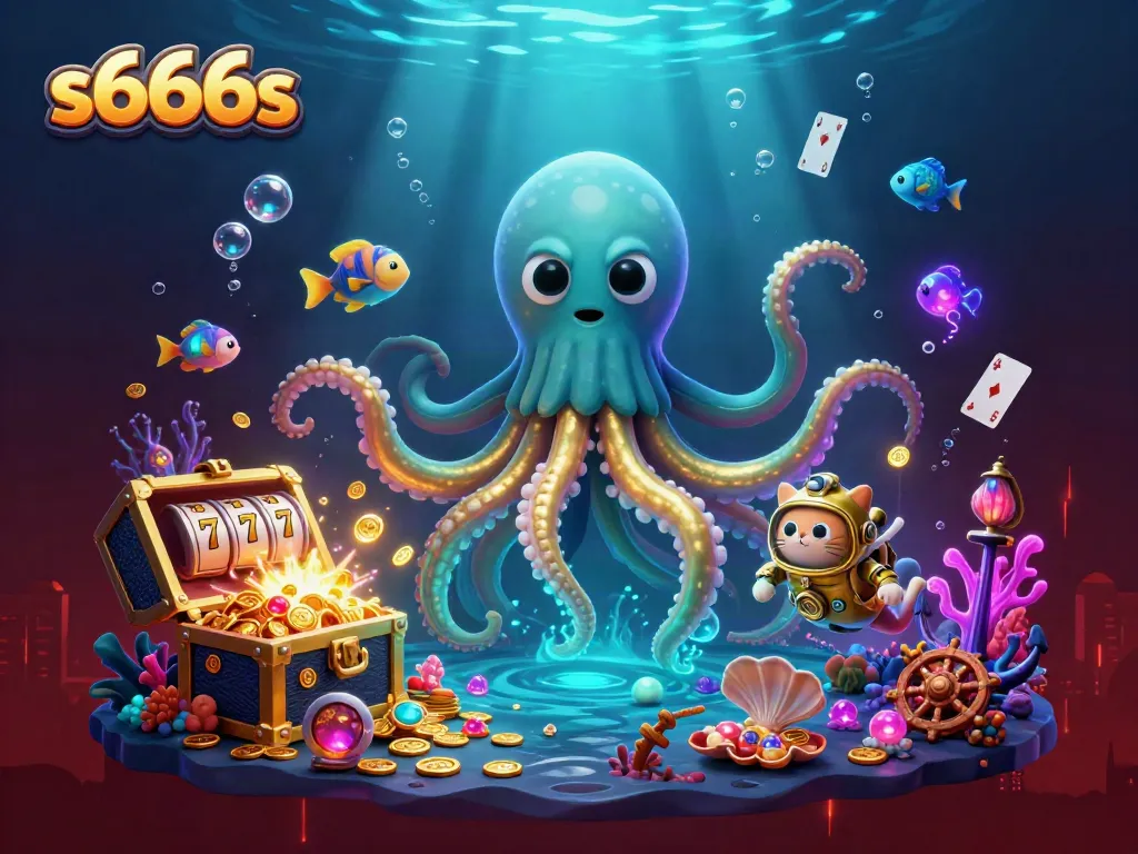 Experience thrilling gameplay with s666s' dynamic treasure-filled ocean adventure featuring a giant kraken and diving cat.