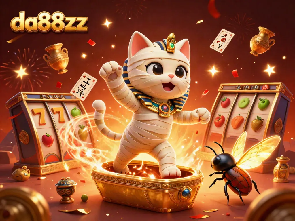 Experience thrills with da88zz as the Egyptian mummy cat takes the spotlight among vibrant slots and fireworks.