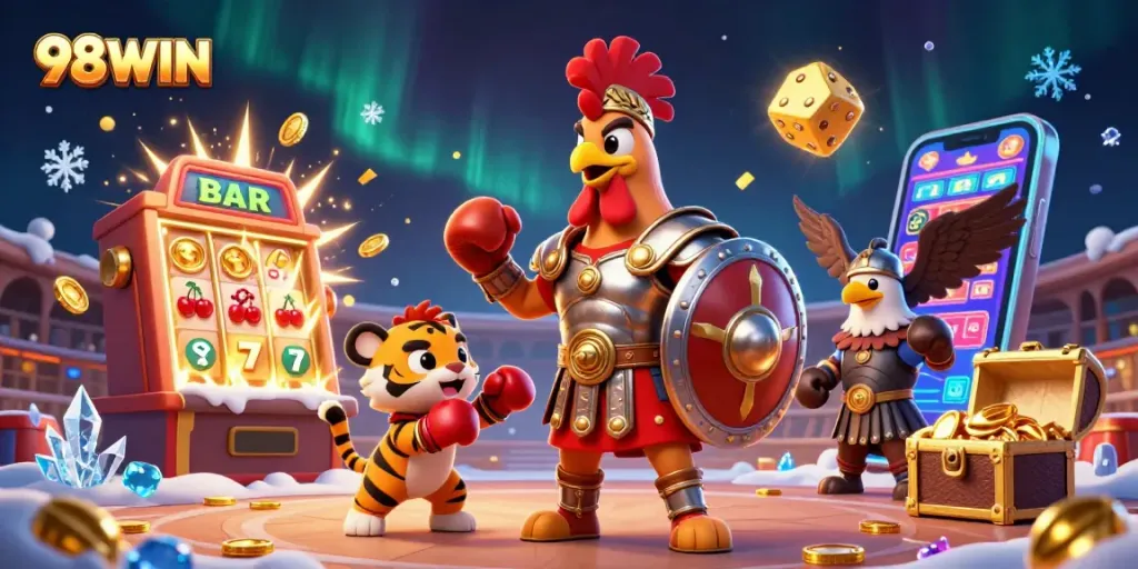 Experience thrilling action at 98WIN with a rooster gladiator battling in a dynamic casino scene.