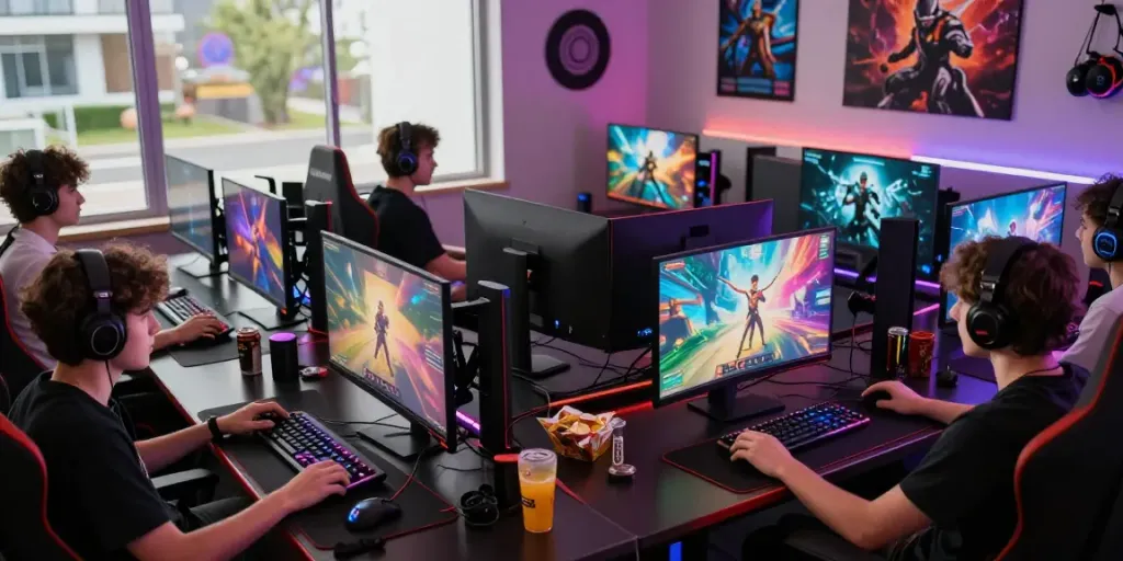Exciting gaming scene with players immersed in Harta88 digital gaming experience and colorful screens