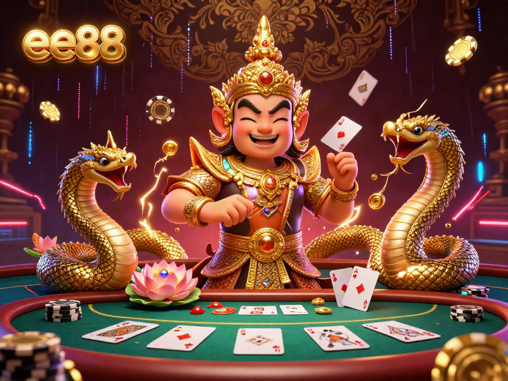 Engage with ee88 poker action featuring a cartoon Thai temple guardian and vibrant playing elements.