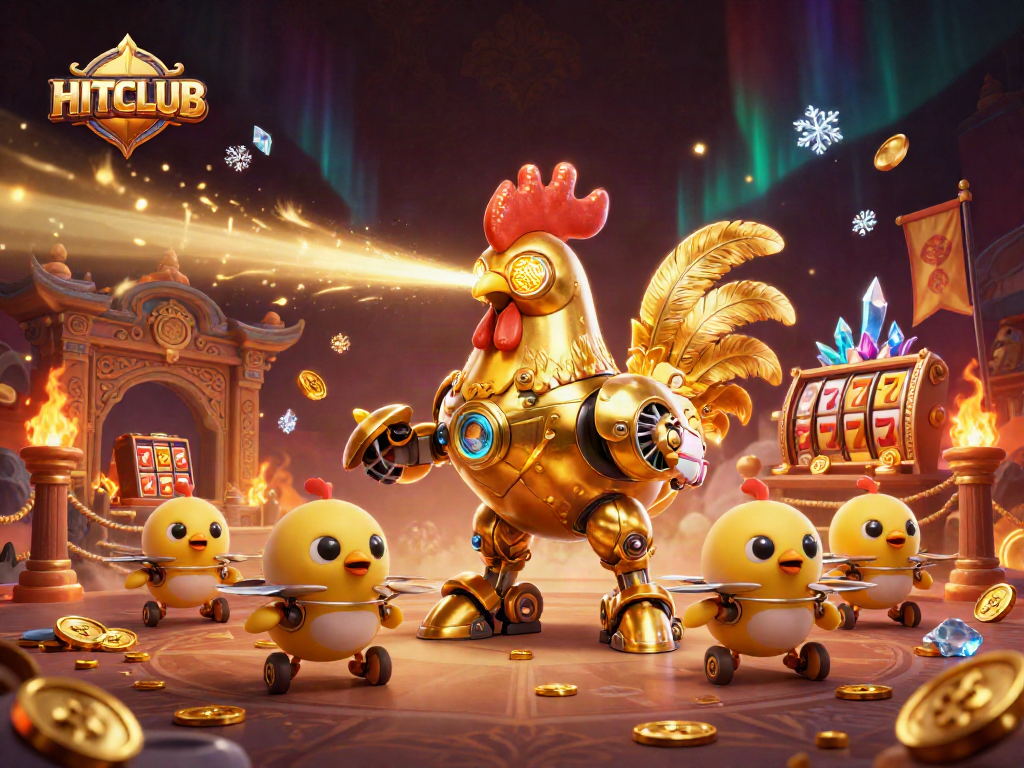 Engage with HITCLUB casino action featuring golden rooster robot amidst vibrant gaming elements.