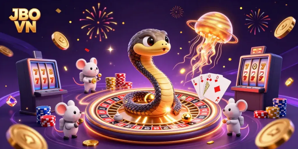 Experience thrilling bets at JBO VN with a vibrant cosmic casino scene featuring snake roulette and mice gamblers.