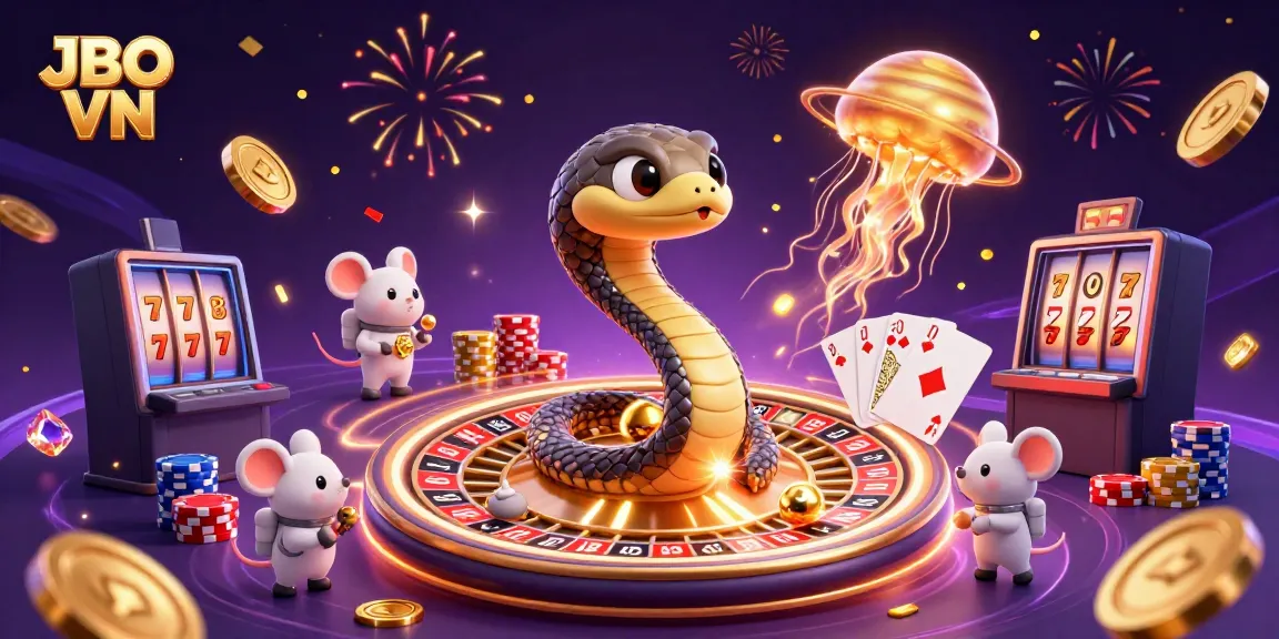 Experience thrilling bets at JBO VN with a vibrant cosmic casino scene featuring snake roulette and mice gamblers.