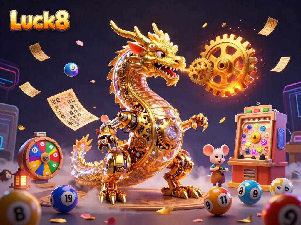 Experience Luck8's thrilling casino adventure with a golden dragon surrounded by vibrant gaming elements.