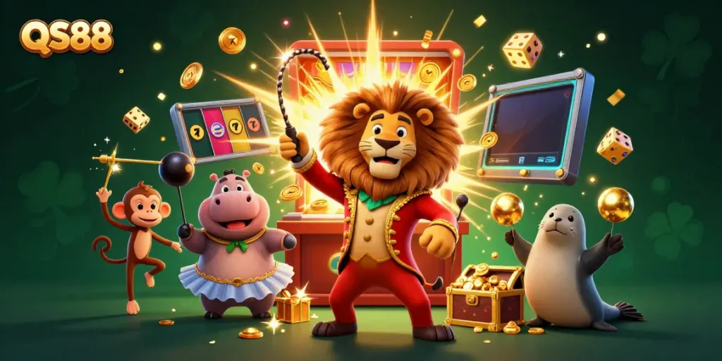 Experience thrilling jackpots with QS88 in this vibrant casino adventure scene featuring animated characters.