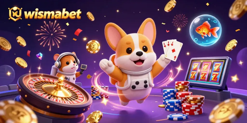 Menggandakan keberuntungan di wismabet dengan simbol permainan slot dan nuansa kasino yang menghibur.