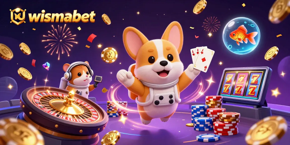 Menggandakan keberuntungan di wismabet dengan simbol permainan slot dan nuansa kasino yang menghibur.
