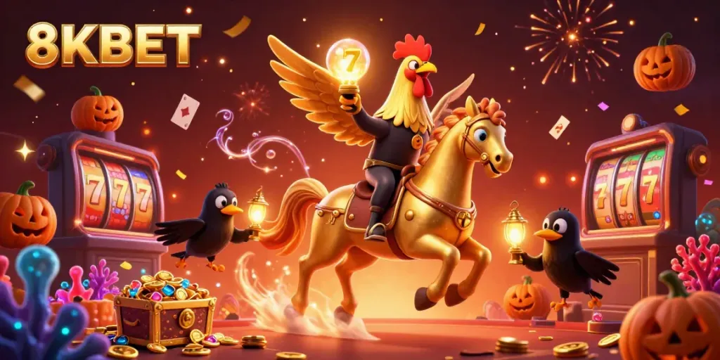 Experience thrilling gameplay at 8KBET with a golden rooster character in a lively casino atmosphere.