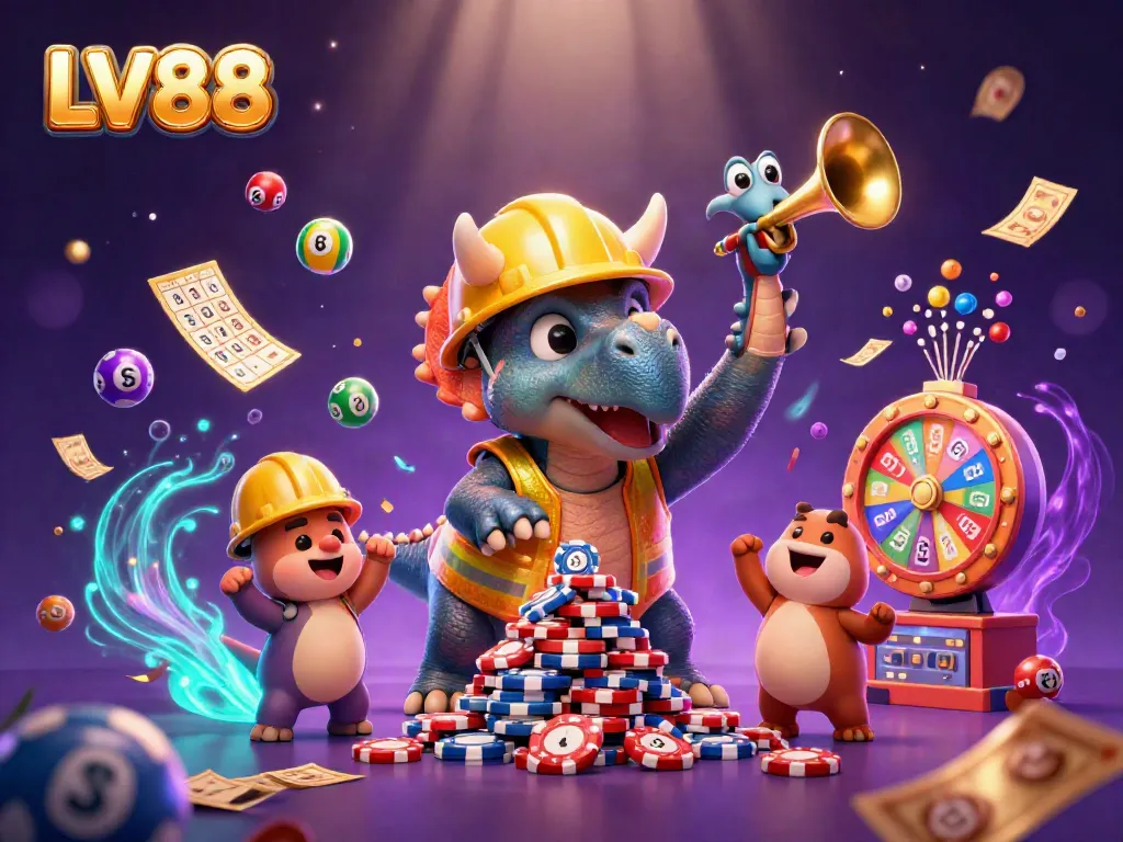 Join the LV88 excitement with a triceratops building poker chips amidst colorful gambling elements.