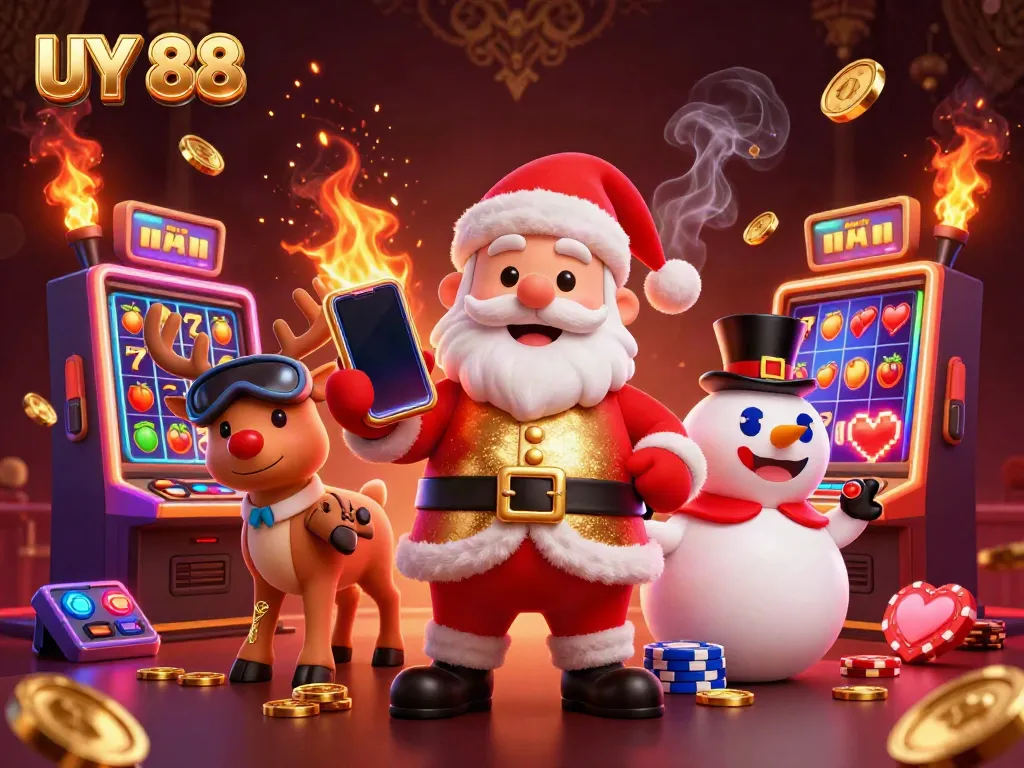 Experience the thrill of UY 88 with Santa, his reindeer, and a snowman amidst slot machines and casino excitement.