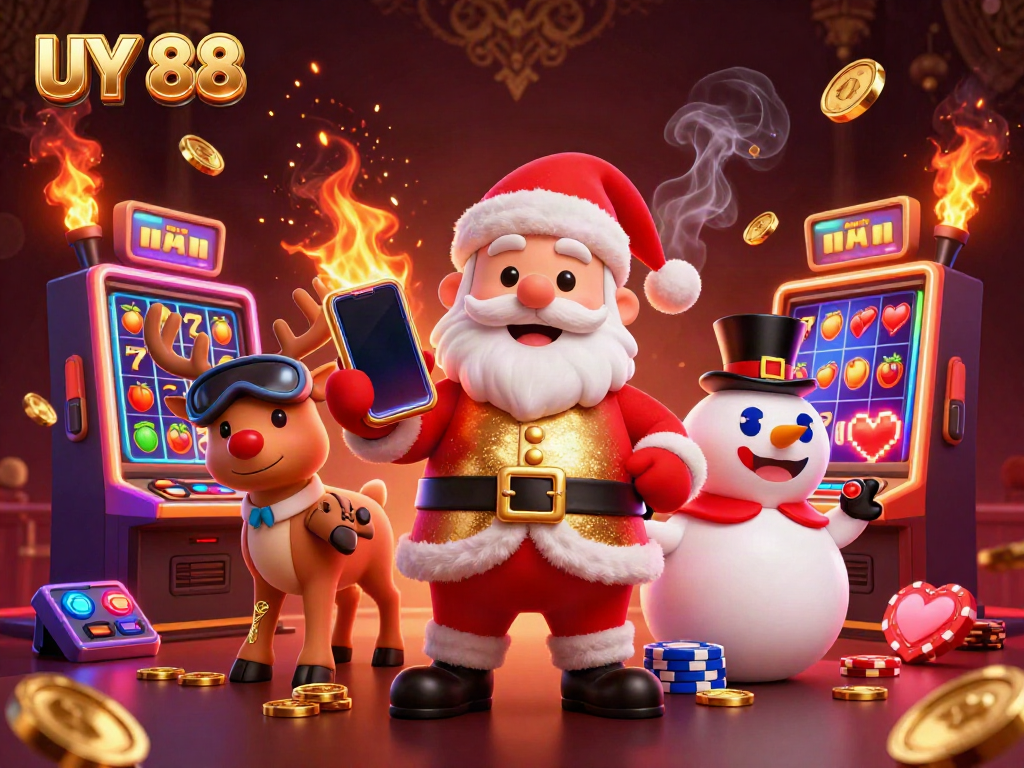 Experience the thrill of UY 88 with Santa, his reindeer, and a snowman amidst slot machines and casino excitement.
