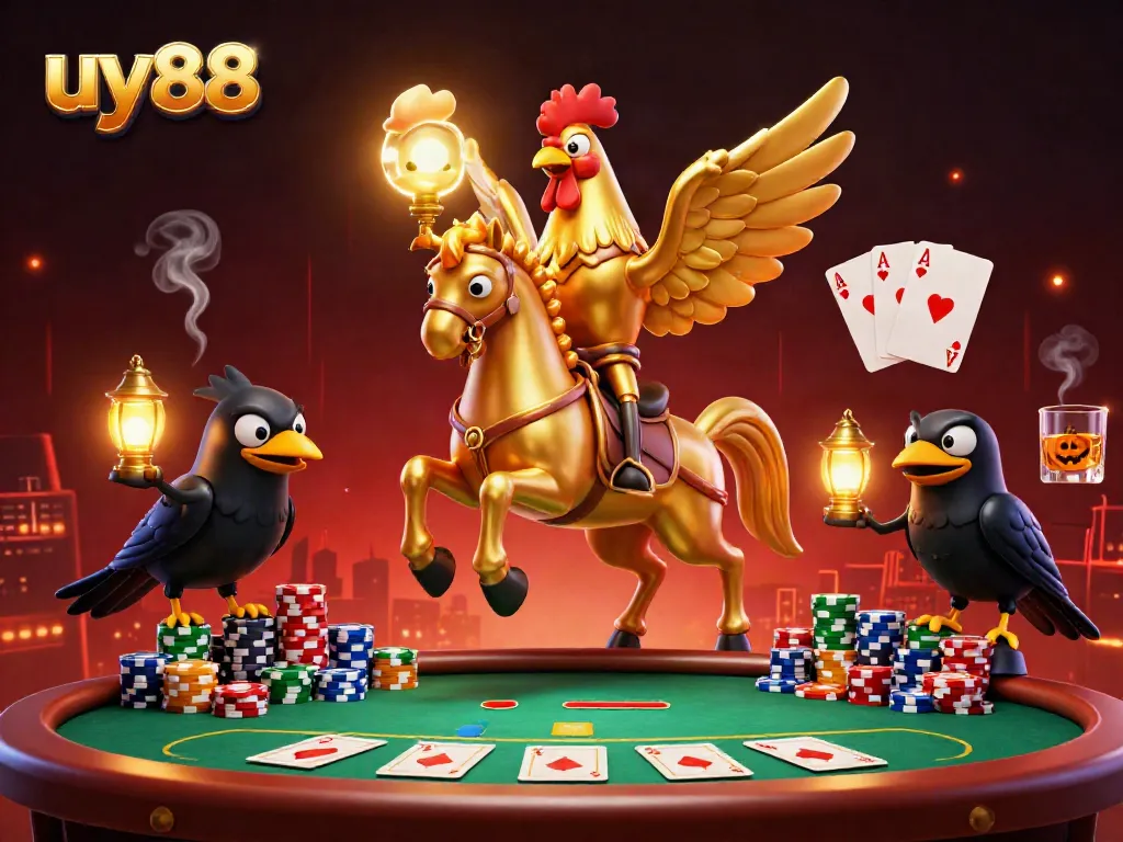 Experience thrilling gameplay at uy88 with a golden rooster character in a vibrant casino scene.