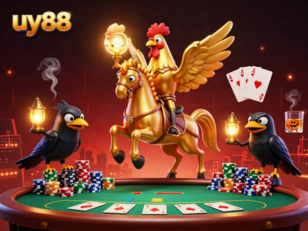 Experience thrilling gameplay at uy88 with a golden rooster character in a vibrant casino scene.
