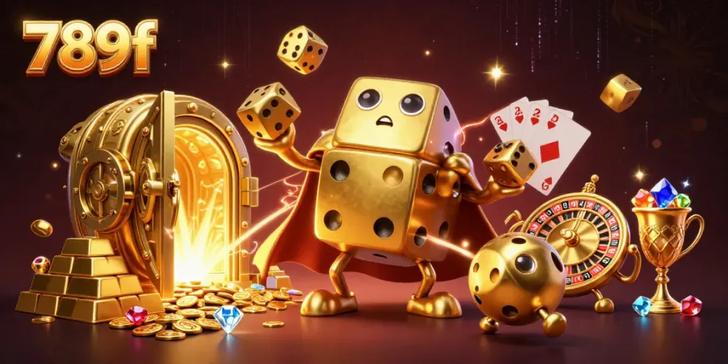 Experience thrilling 789f gaming with vibrant golden dice and luxurious treasures.