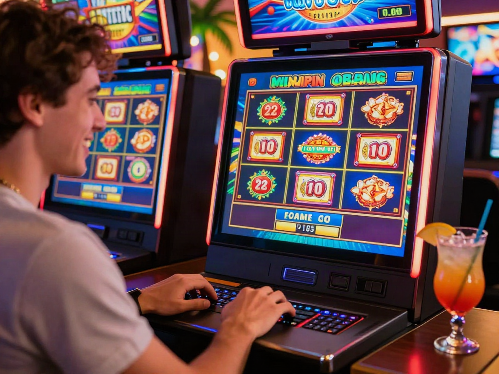 Pengguna menikmati permainan slot di laptop dengan suasana kasino online yang ceria.