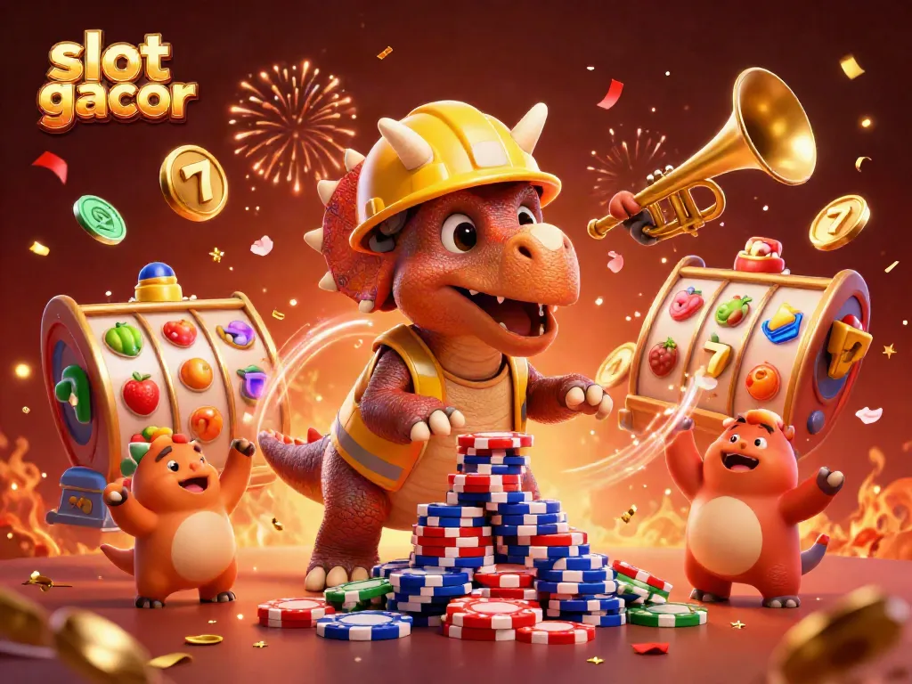 Slot gacor dalam ilustrasi 3D menunjukkan triceratops dan parasaurolophus merayakan kemenangan jackpot di kasino.