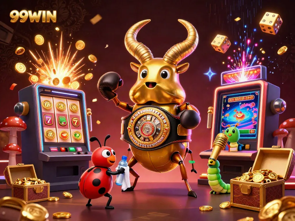 Experience the excitement of 99WIN with a vibrant 3D illustration featuring gaming elements and characters.