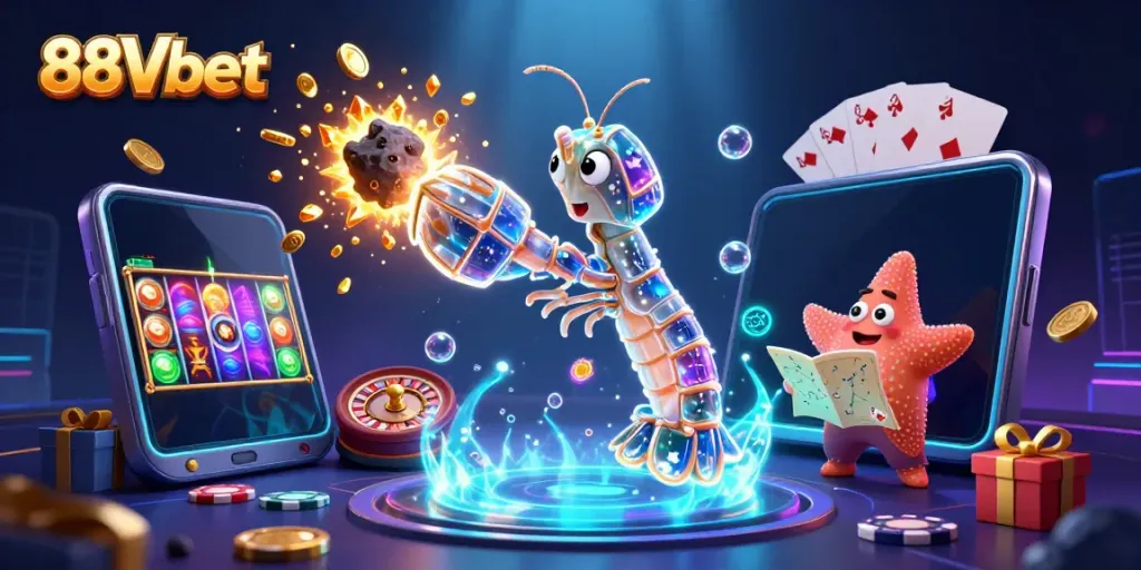 Engage with thrilling gaming action at 88Vbet, featuring dynamic characters in a vibrant casino scene.