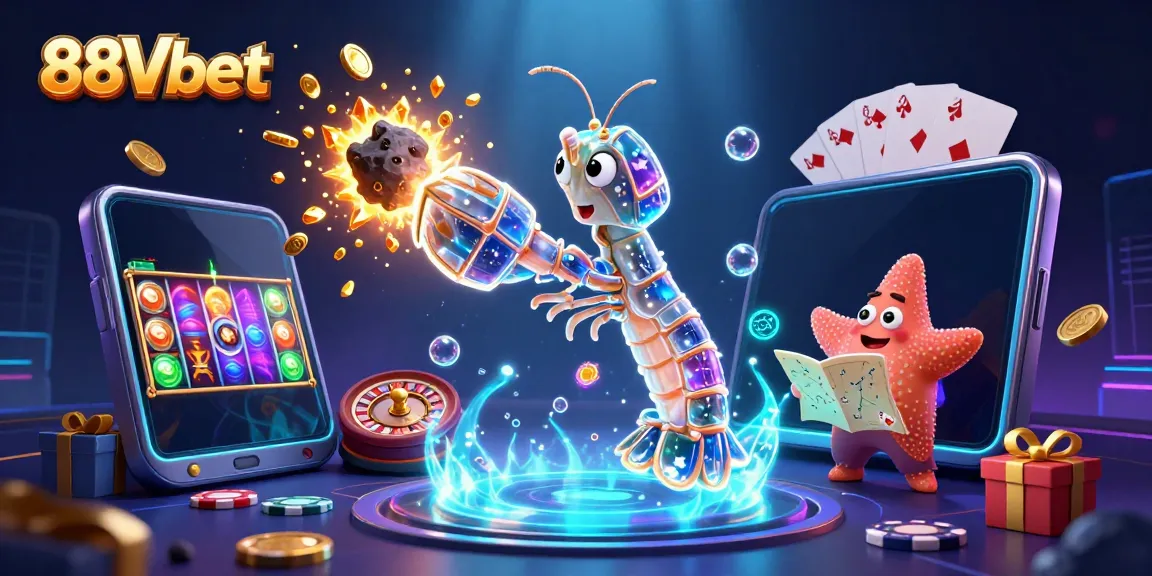 Engage with thrilling gaming action at 88Vbet, featuring dynamic characters in a vibrant casino scene.