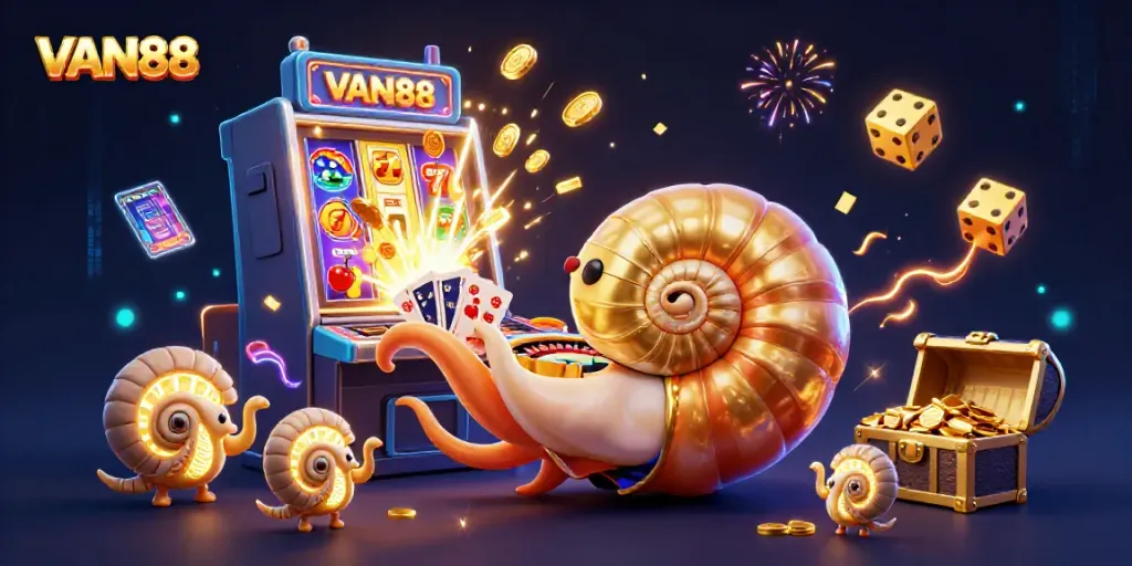 Engage in thrilling gameplay at VAN88 featuring a vibrant 3D casino scene with a nautilus roulette wheel and jackpot treasures.
