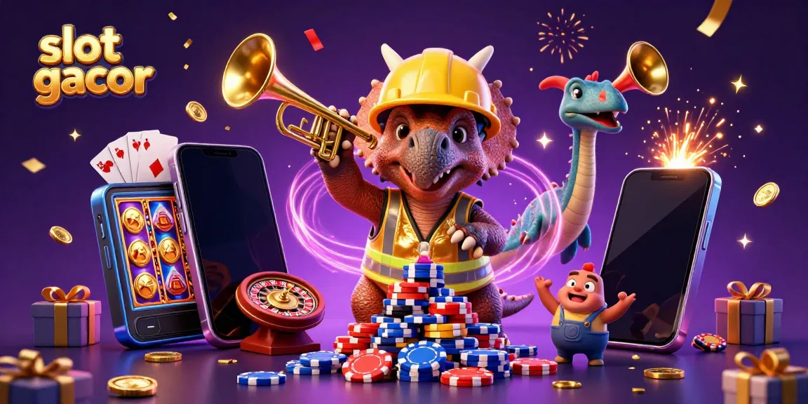 Gambar slot gacor menampilkan triceratops membangun tumpukan chip poker dengan merayakan kemenangan.