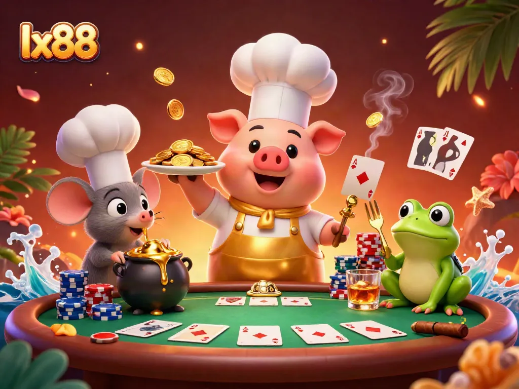 Experience the thrill of LX88 with vibrant casino elements, gold coins, and playful characters.