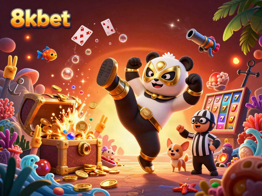 Experience thrilling action at 8kbet with a panda wrestler, gold coins, and playful animal fans cheering.