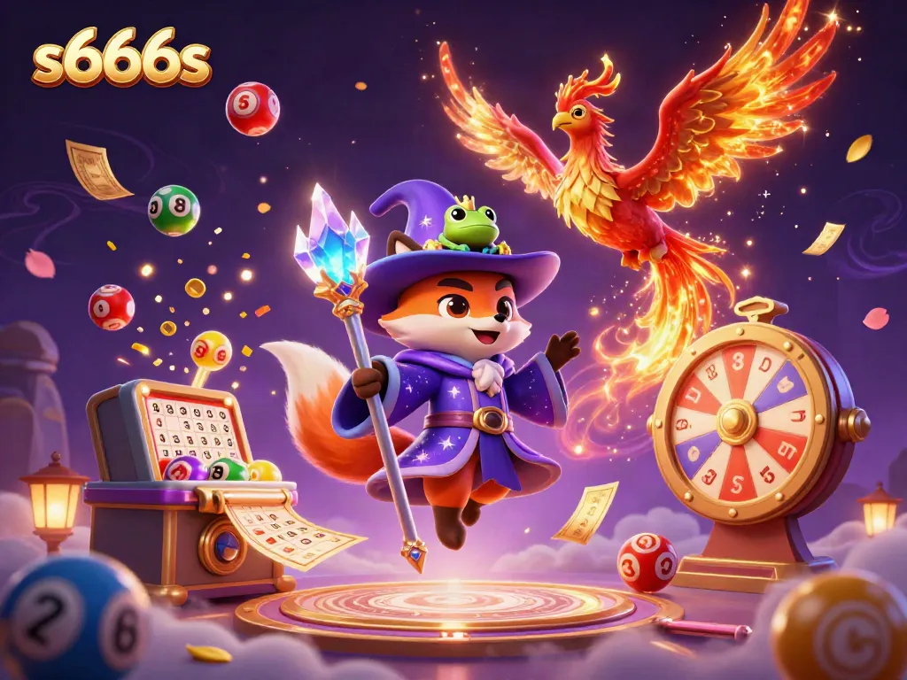 Experience the thrill of s666s with an enchanting illustration of a mystical fox wizard and a phoenix amid a colorful cascade of dynamic lottery elements.