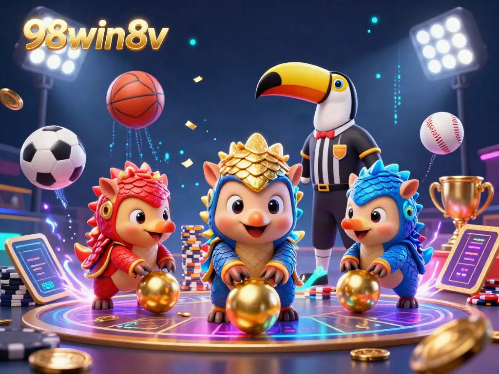 Engage in thrilling gameplay with 98win8v as pangolins compete, surrounded by gaming excitement.