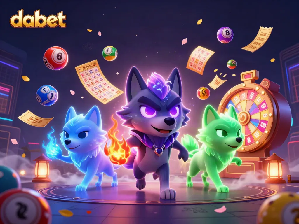 Dabet features a packed casino scene with wolf characters and lottery elements, highlighting thrilling gaming experiences.