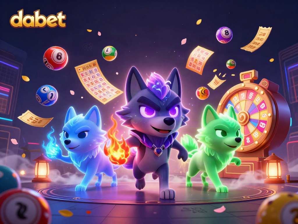 Dabet features a packed casino scene with wolf characters and lottery elements, highlighting thrilling gaming experiences.