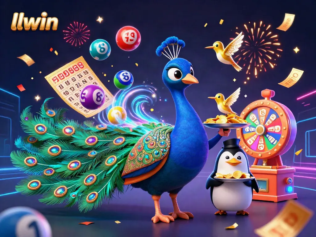 Engaging llwin casino scene with a colorful peacock, penguin, and hummingbird amidst vibrant gambling elements.