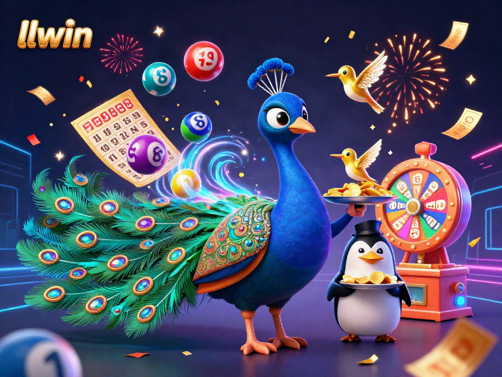 Engaging llwin casino scene with a colorful peacock, penguin, and hummingbird amidst vibrant gambling elements.