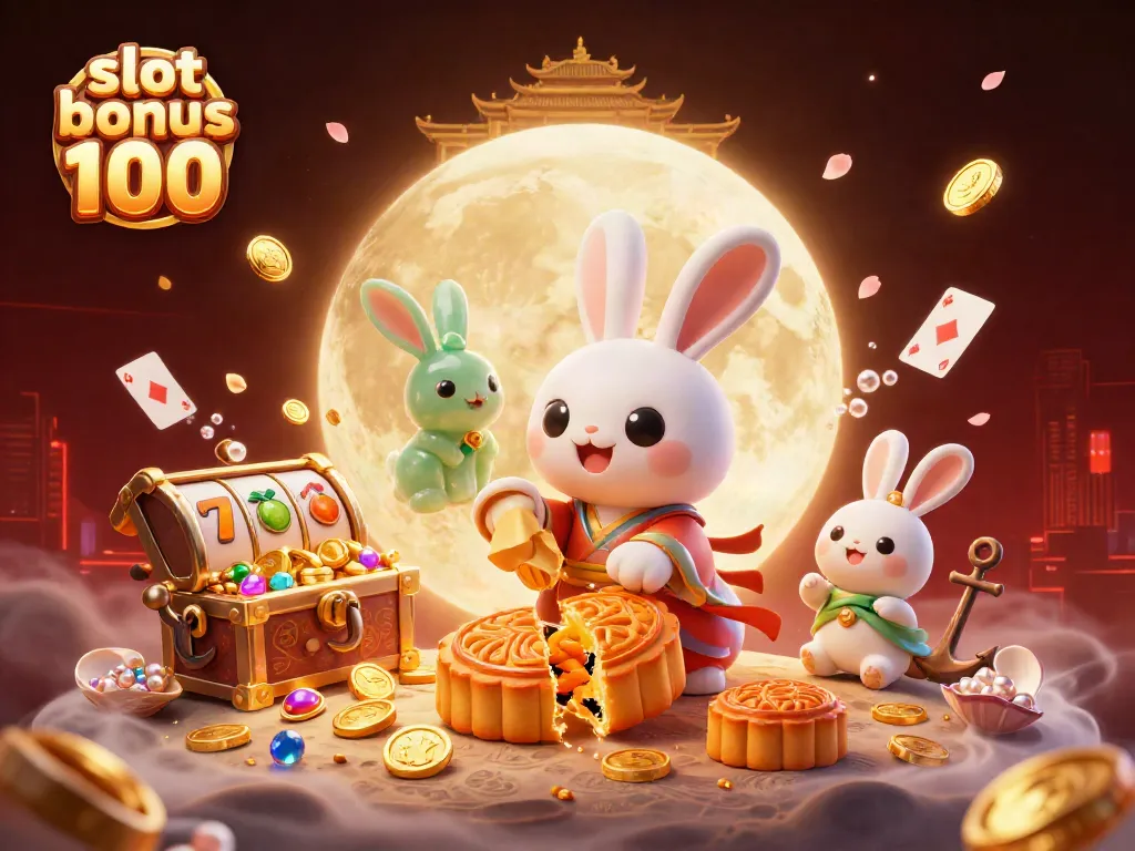 Experience the excitement of slot bonus 100 with a vibrant 3D scene featuring moon rabbits revealing poker chips and slot elements.