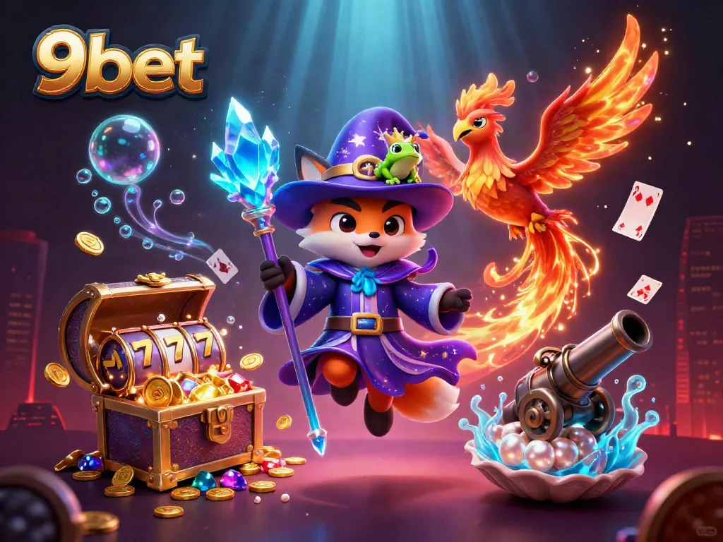 Engage in thrilling gameplay with 9bet's vibrant 3D wizard fox illustration full of casino elements.