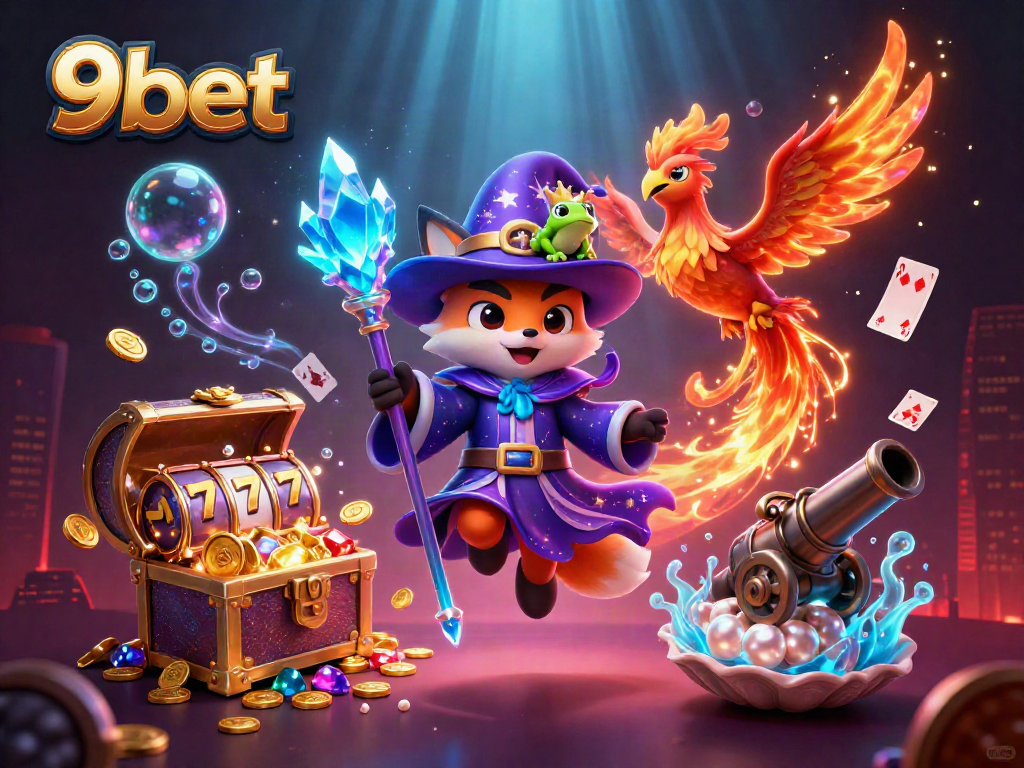 Engage in thrilling gameplay with 9bet's vibrant 3D wizard fox illustration full of casino elements.