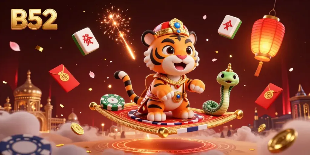 B52 brings luck with a brilliant tiger sultan flying over a world of riches, poker chips, and magical symbols.