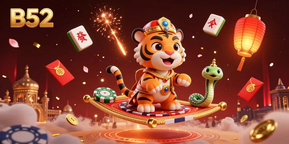 B52 brings luck with a brilliant tiger sultan flying over a world of riches, poker chips, and magical symbols.