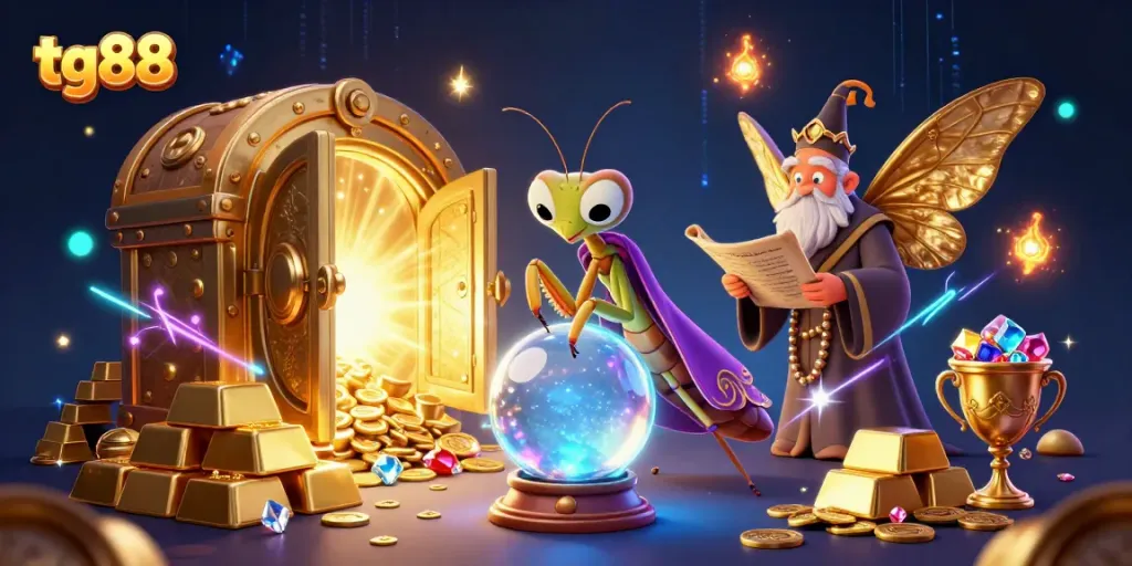Experience fortune and magic at tg88 with vibrant 3D characters in a dazzling treasure scene.