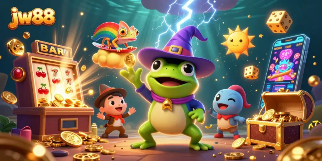 jw88 engages players with exciting slots and vibrant casino elements in 3D illustration.